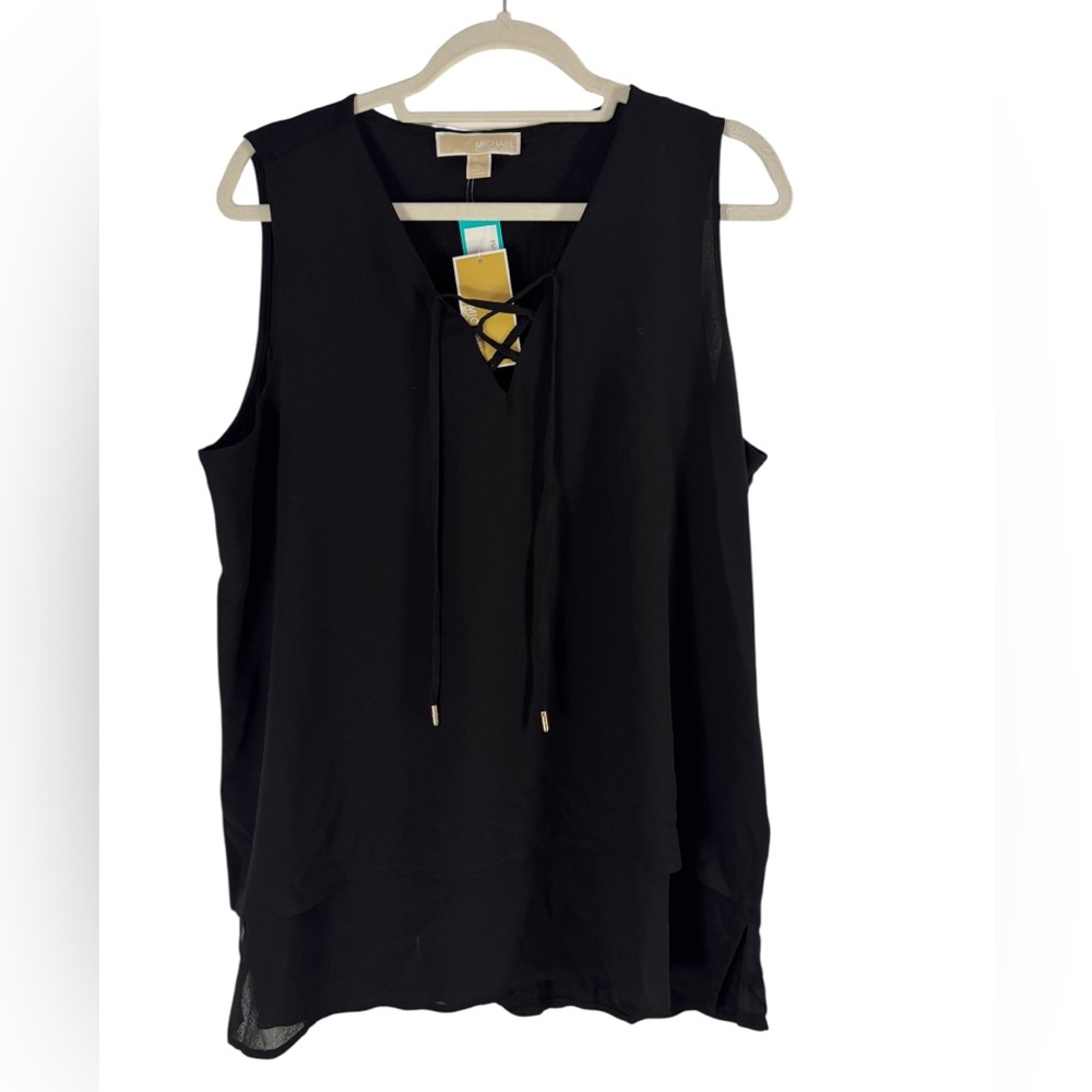 Michael Kors Bekka Black Tie Detail Tiered Blouse XL NWT